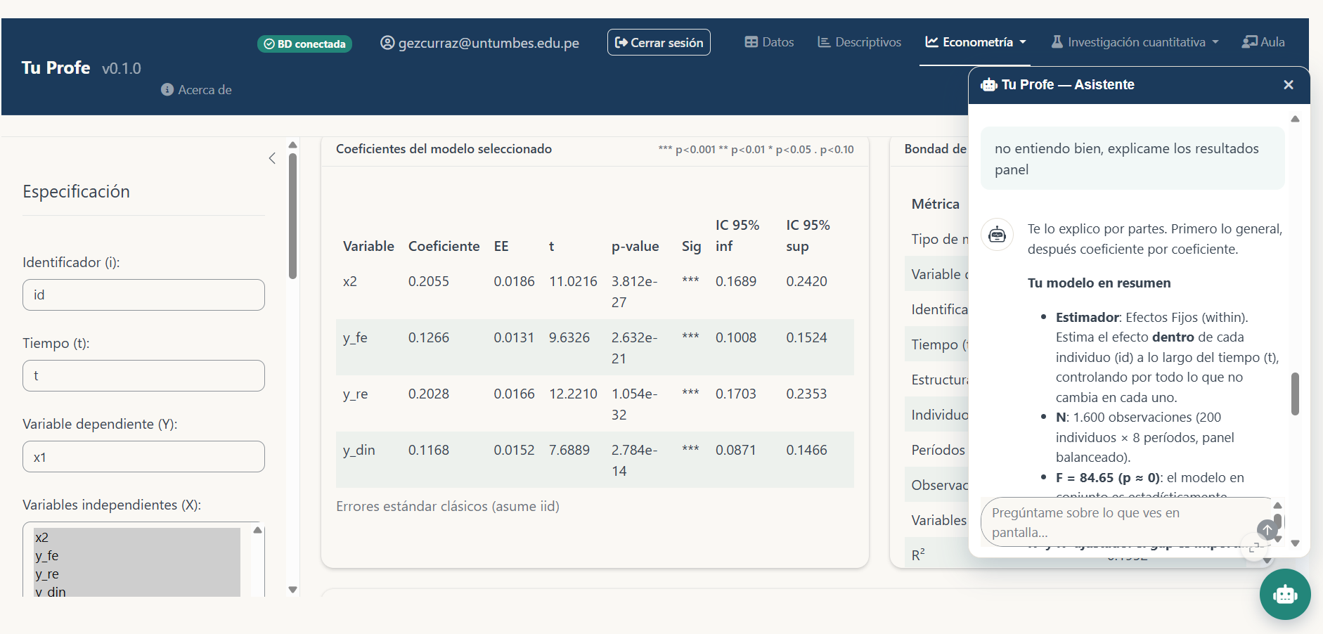 El asistente de Tu Profe explicando paso a paso los resultados de un modelo de datos de panel con efectos fijos